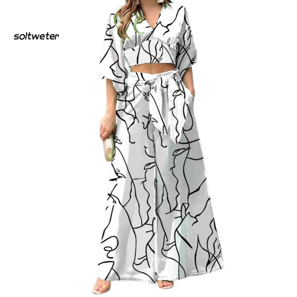 Bộ Trang Phục 2 Mảnh Gồm Áo Croptop Tay Lửng Cổ Chữ V Eo Cao Có Túi In Hoa Và Quần Dài Ống Rộng Thời Trang Công Sở