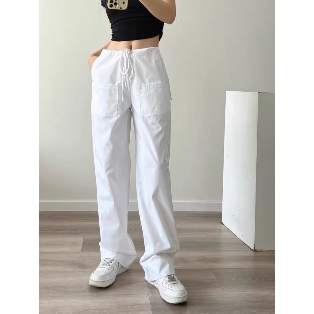 Quần Dài Ống Rộng Lưng Thấp Phối Dây Rút Phong Cách Cổ Điển Thời Trang Đường Phố Cho Nữ Y2K