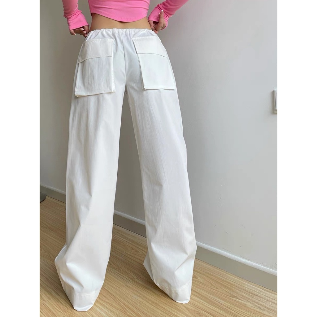 Quần Dài Ống Rộng Lưng Thấp Phối Dây Rút Phong Cách Cổ Điển Thời Trang Đường Phố Cho Nữ Y2K