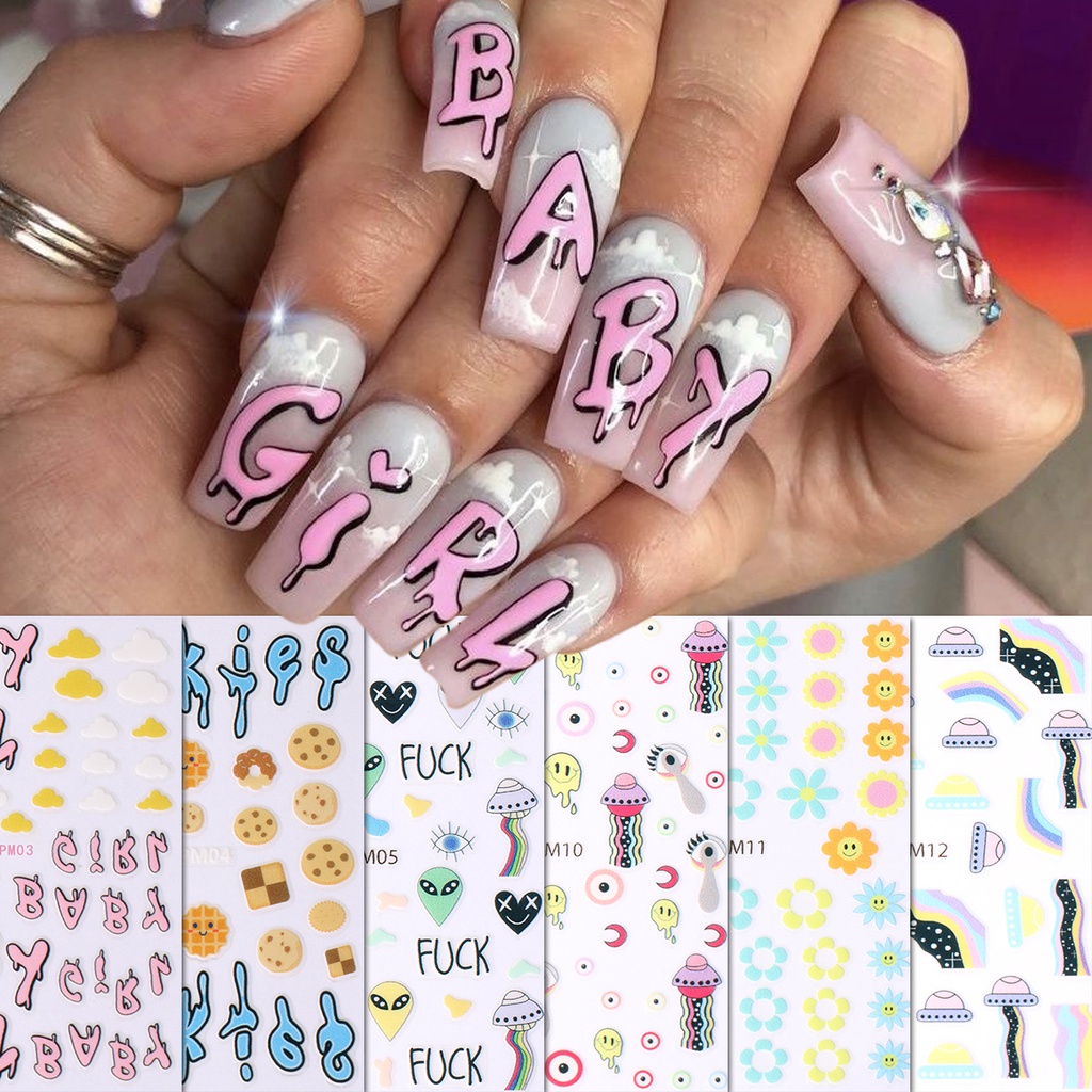 Miếng Dán Trang Trí Móng Tay Nghệ Thuật Họa Tiết Chữ Tiếng Anh / Bánh Quy / Đĩa Bay / Nấm Dopamine Màu Sắc