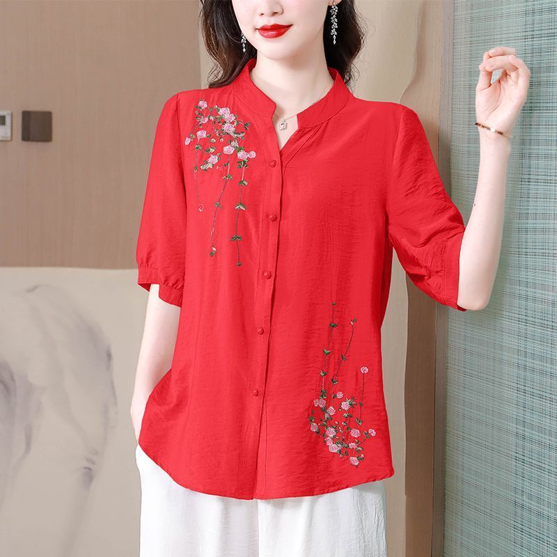 Hàng Có Sẵn Bán Chạy Áo Sơ Mi Cotton Lanh Mỏng Tay Ngắn Dáng Rộng Che Bụng Nhỏ Thêu Họa Tiết Thời Trang Cho Mẹ LF