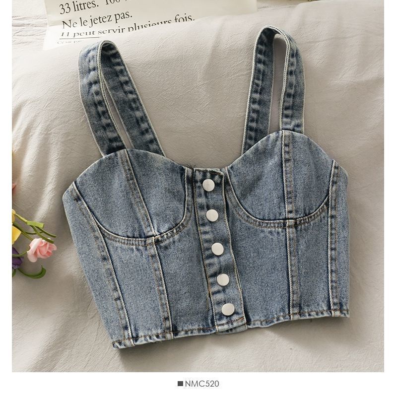 Áo Hai Dây Denim Dáng Ôm Ngắn Phong Cách Hàn Quốc Thời Trang Xuân Thu Hàng Mới Dành Cho Bạn Nữ