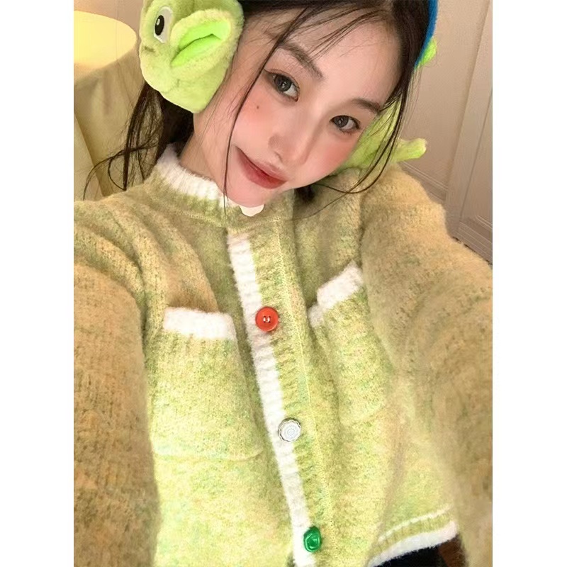 Áo khoác HENG SHAN YUAN dài tay dáng rộng màu xanh als ngọt ngào thời trang retro cho nữ