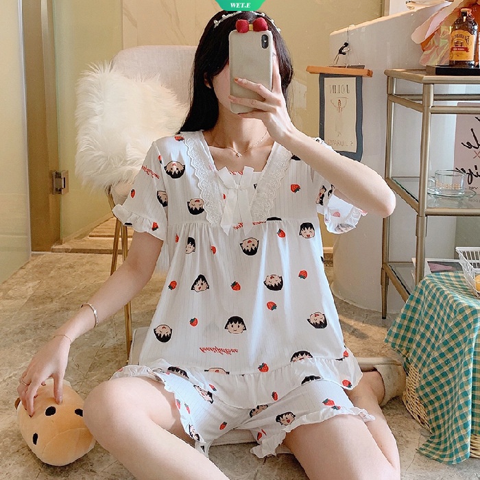 Bộ Đồ Ngủ Ngắn Tay Cổ Chữ V Dáng Rộng In Hình Hoạt Hình Phong Cách Nhật Bản Dành Cho Nữ