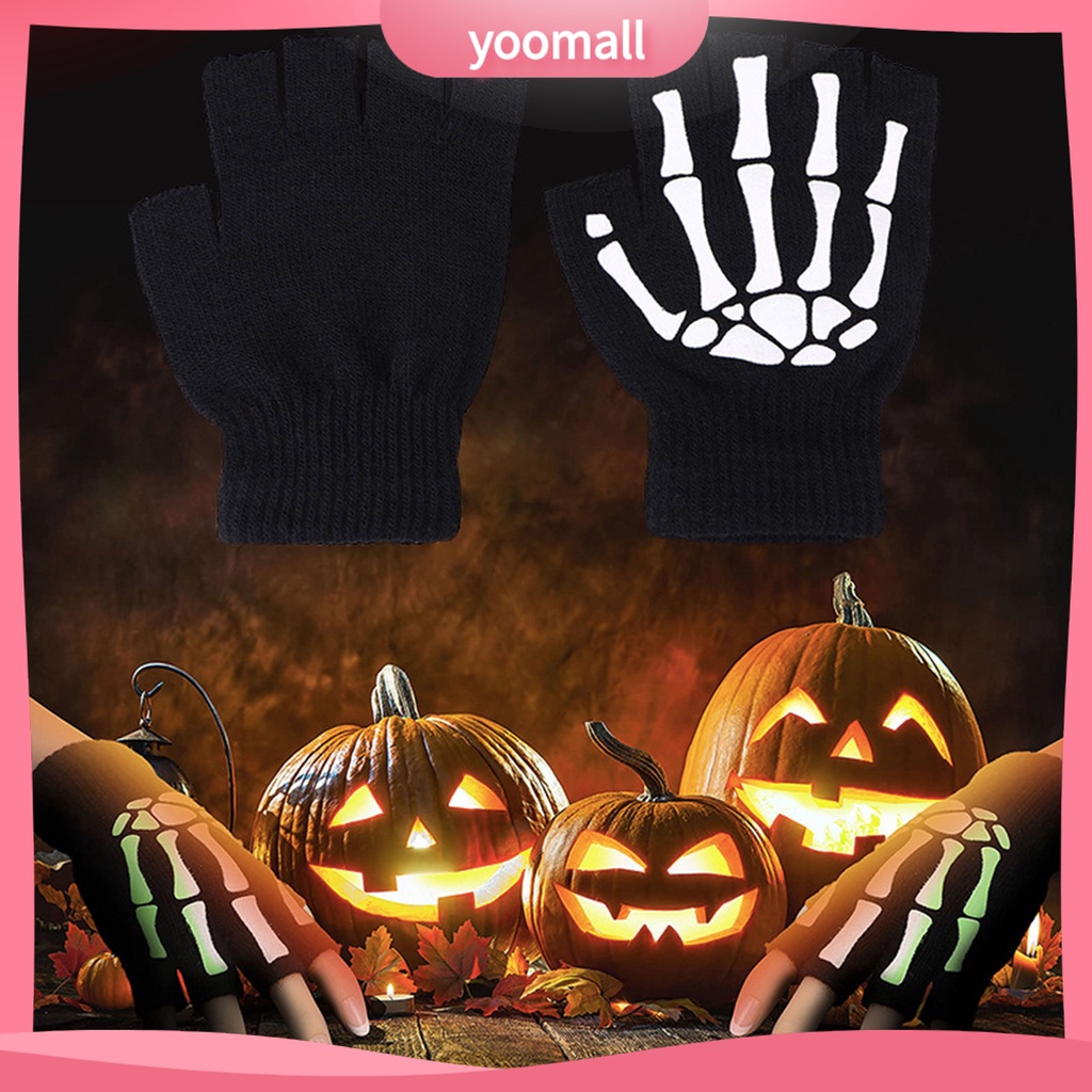 1 Đôi Găng Tay Dệt Kim Hở Ngón Phát Sáng Trong Bóng Tối Hóa Trang Halloween Cho Người Lớn