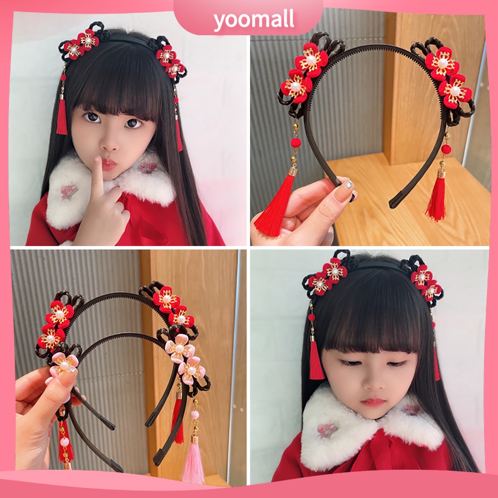Băng Đô Nơ Đính Ngọc Trai Co Giãn Phối Bóng Lông Tua Rua Phong Cách Trung Hoa Mừng Năm Mới Cho Bé Gái