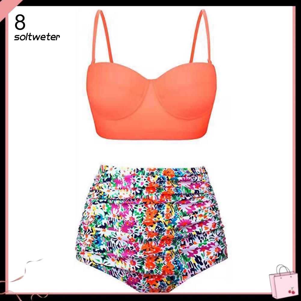 Bộ Bikini Hai Mảnh Lưng Cao In Họa Tiết Hoa Lá Mùa Hè Cho Nữ