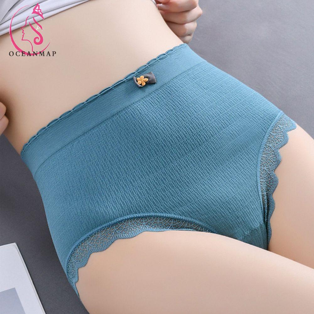 OCEANMAP Quần Lót Cotton Mềm Mại Thoáng Khí Màu Trơn Phối Ren Hoa Xinh Xắn Cho Nữ