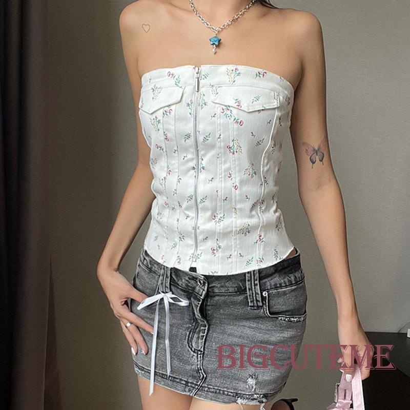 Áo Ống Có Khóa Kéo In Hoa Hở Vai Thời Trang Mùa Hè Dành Cho Nữ