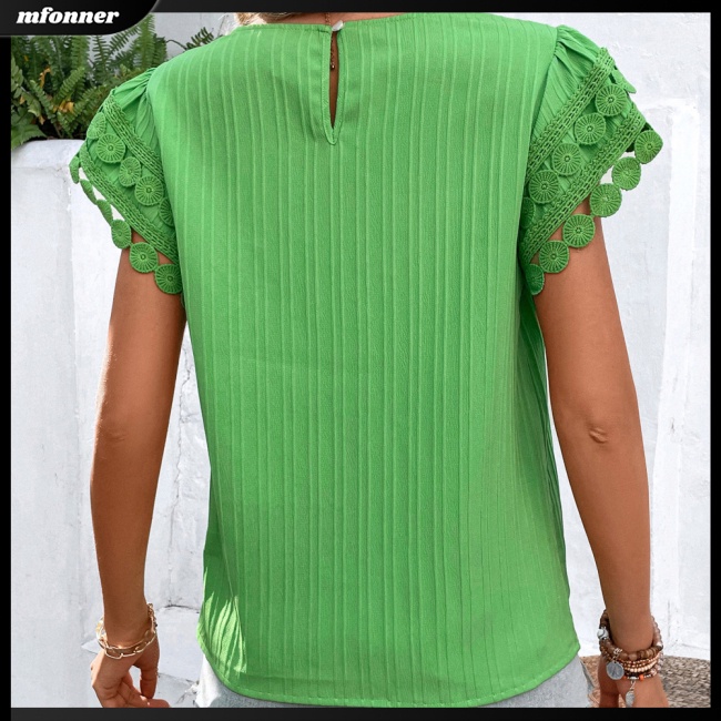 Áo Thun Nữ Tay Ngắn Cổ Tròn Phối Ren Màu Sắc Ngọt Ngào