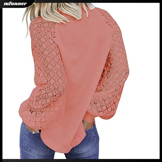 Áo Kiểu Tay Dài Phồng Phối Ren Lỗ Màu Sắc Trơn Thời Trang Cho Nữ