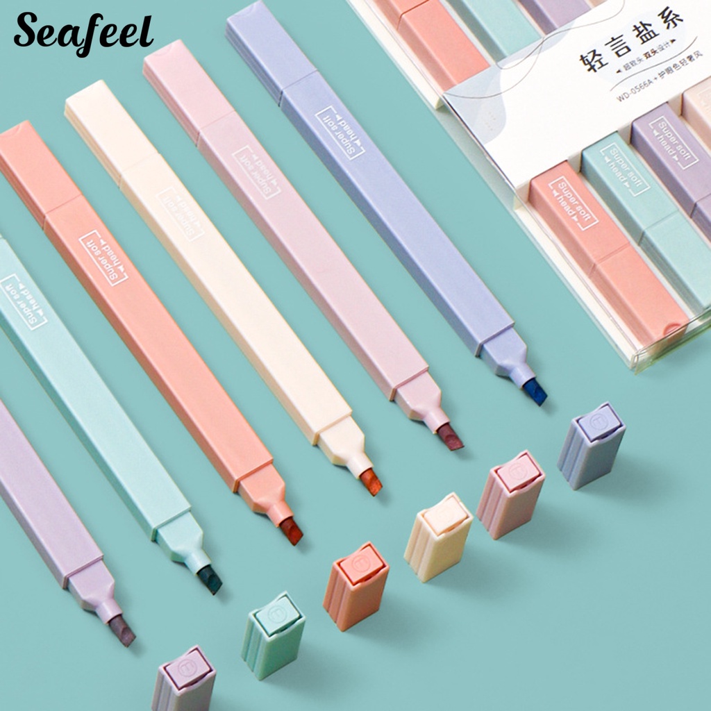 Set 6 Bút Đánh Dấu Hai Đầu Ngòi Mềm Màu Macaron Dành Cho Học Sinh