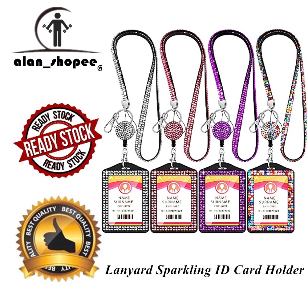1 Bộ Dây Đeo Thẻ ID Đính Đá Lấp Lánh Có Móc Khóa Kim Loại Thu Gọn Được