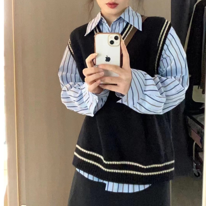 Áo Sweater Dệt Kim Không Tay Cổ Chữ v Phong Cách Retro Thời Trang Hàn Quốc Dành Cho Nữ