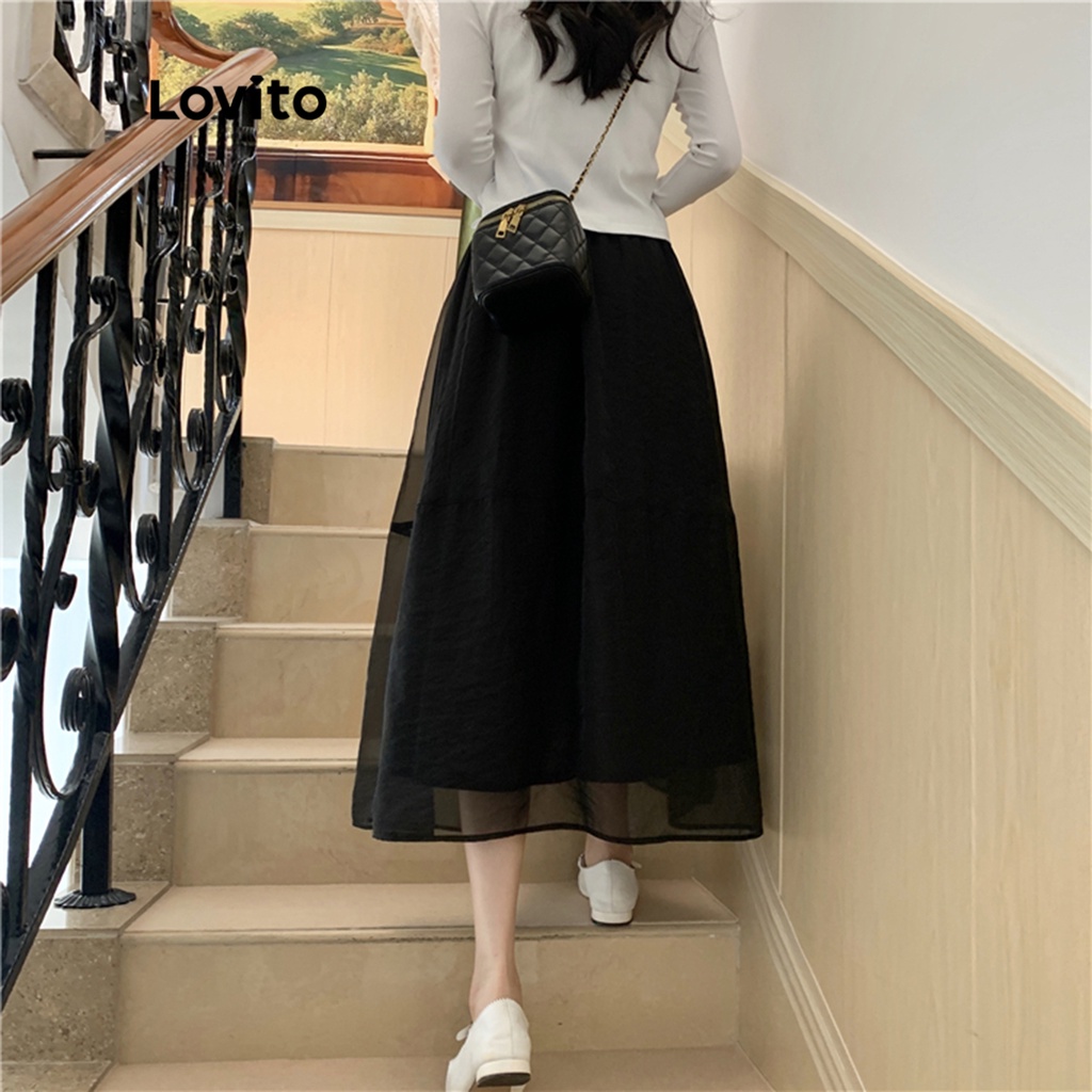 Lovito Váy maxi chữ A phối lưới màu tương phản đơn giản cho nữ LNE15117 (Đen)