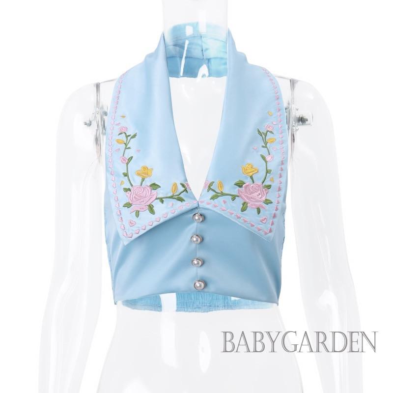 / - Áo Tank Top Hai Dây Thêu Hoa Màu Xanh Dương Thời Trang Mùa Hè Cho Nữ