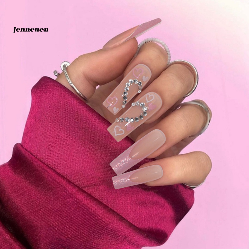 1 Bộ Móng Tay Giả Dạng Nhấn Đính Kim Cương Trái Tim Không Phai Màu