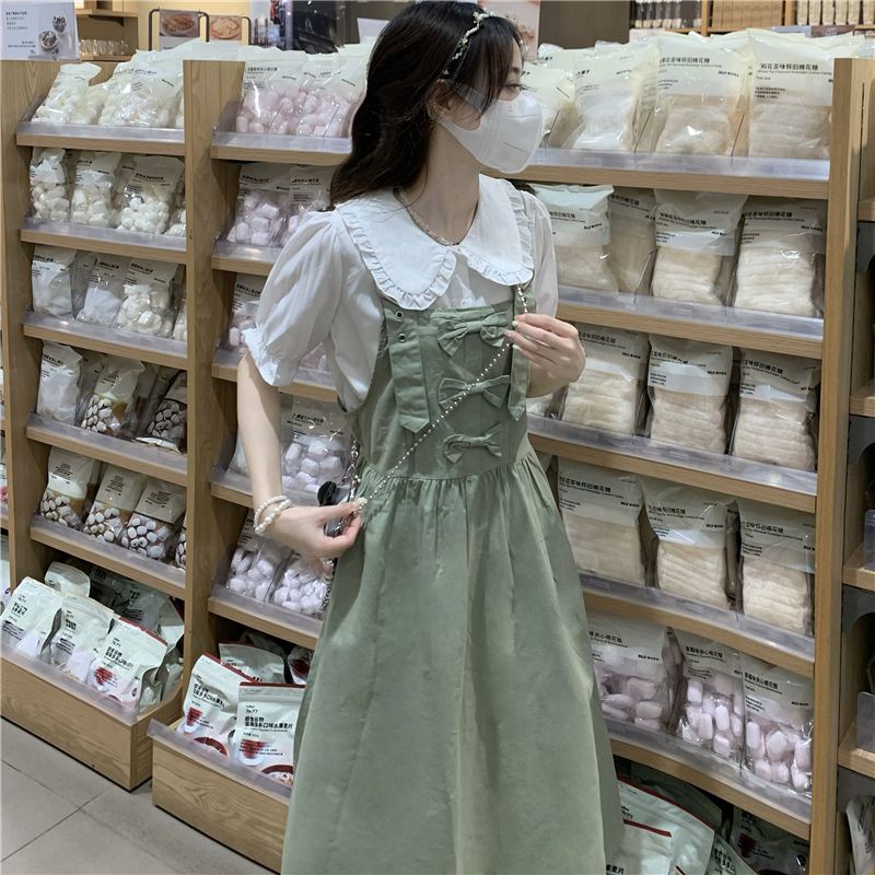 Thời trang đại học phong cách búp bê cổ áo sơ mi + dây treo ngọt ngào váy dài hai mảnh bộ phụ nữ