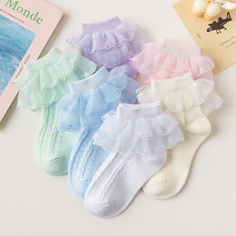 Vớ Công Chúa Chất Liệu Cotton Mỏng Phối Ren Màu Sắc Trơn Thời Trang Mùa Hè Cho Bé Gái