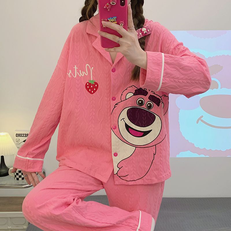 Bộ Đồ Ngủ Chất Cotton Tay Dài In Họa Tiết Trái Dâu Tây Dễ Thương Thời Trang Xuân Thu Cho Nữ