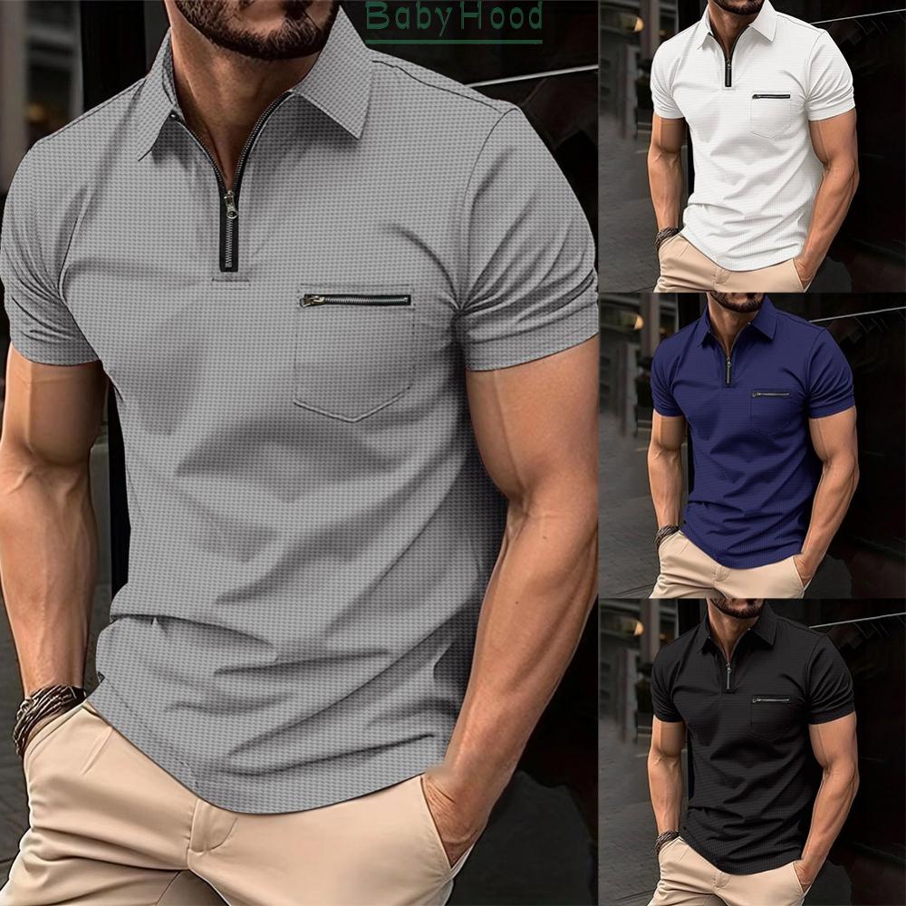 Mens Zip Neck Shirt Short Sleeve Regular Work Casual Slim Fit Tee Tops Formal#BBHOOD