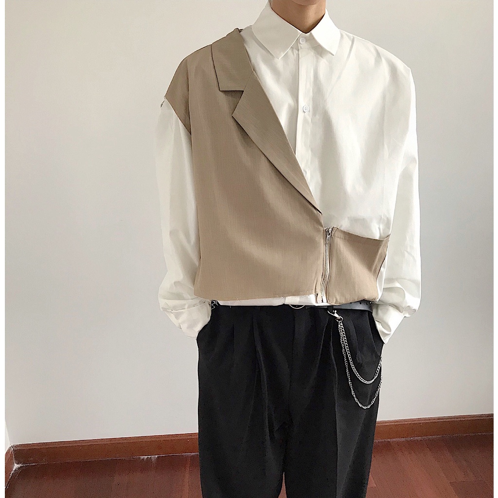 BEFOYI Men's Fake Two Piece Shirt Long Sleeve Loose Korean Casual Contrast Folding Collar Top White Size M-2XL SLC102