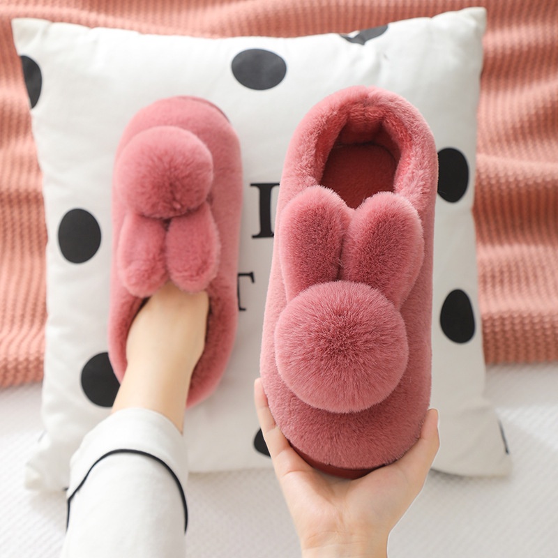 Bag heel cotton slippers nữ winter three-dimensional rabbit fur male couple anti-slip thick-so