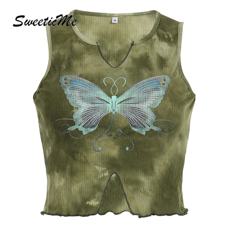 Áo Tank Top Dệt Kim Hai Dây Cổ Chữ U Ôm Dáng In Họa Tiết Bướm Thời Trang 2023 Cho Nữ