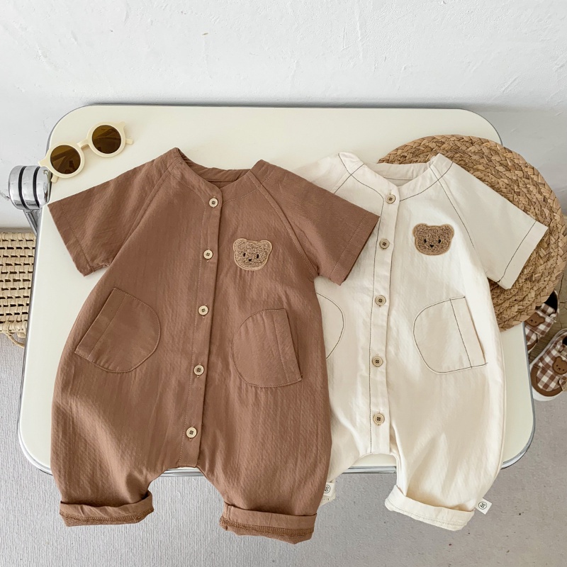 Bộ Áo Liền Quần Cotton Dáng Rộng Có Túi Thêu Hình Gấu Dễ Thương Cho Bé