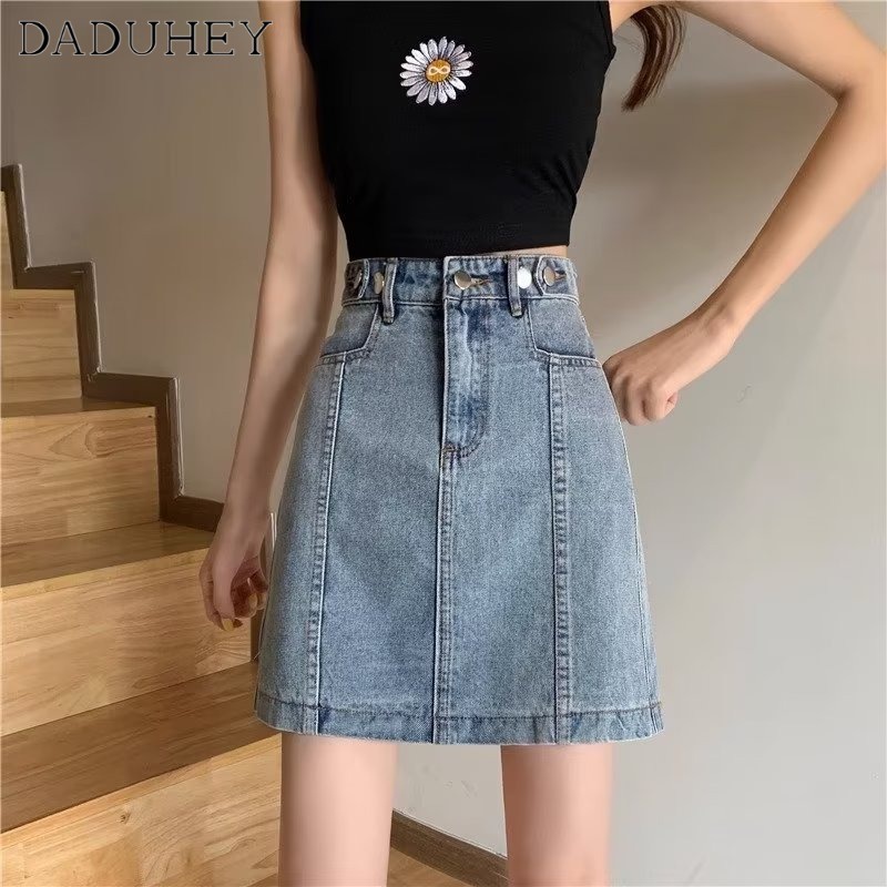 Chân váy denim DADUHEY dáng chữ A lưng cao khâu túi hông phong cách đường phố Mỹ mới