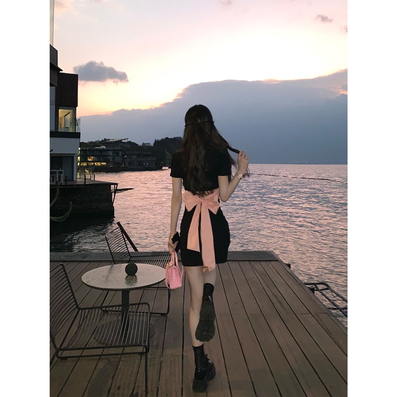 Váy Nữ Đen Dáng Chữ a Cổ polo Phối Nơ Thời Trang Mùa Hè