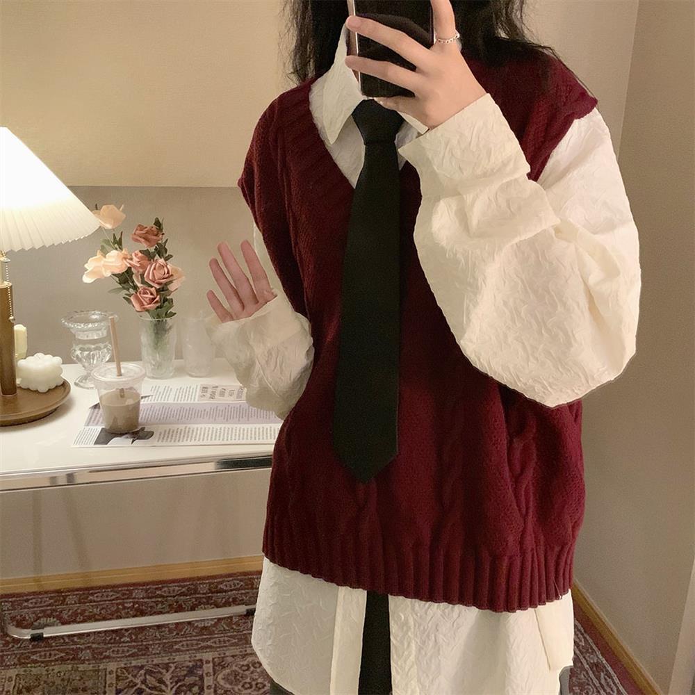 Áo Dệt Kim Sát Nách Dáng Rộng Phong Cách Vintage Hàn Quốc Cho Nữ