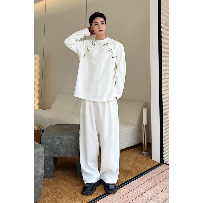 Áo Thun Tay Dài Cổ Tròn Đính Nút Kim Loại Phong Cách Thời Trang Mùa Thu Mới 2023