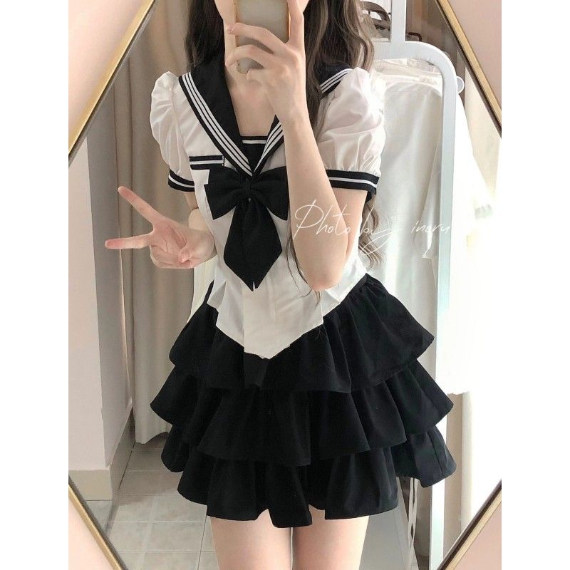 Set Áo Sơ Mi Cổ Hải Quân + Chân Váy Lưng Cao Size Lớn Thời Trang Nhật Bản Ngọt Ngào Cho Nữ