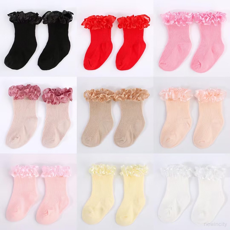 Vớ Thiết Kế Viền Bèo Nhún Màu Hồng Ngọt Ngào Dễ Thương Phong Cách Hàn Quốc Cho Bé Gái