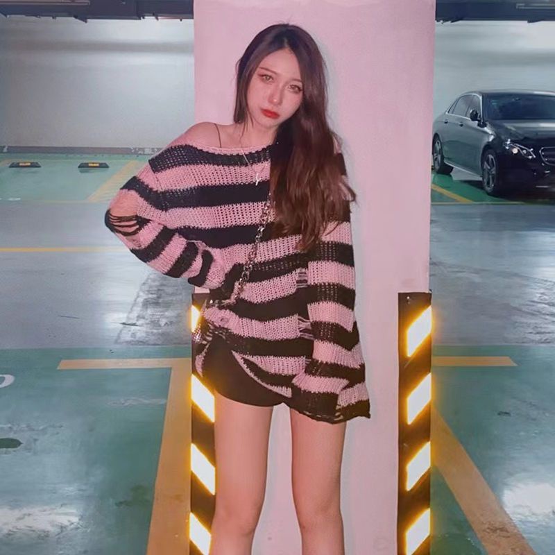 Áo Sweater Y2K Shibuya Hot Girl Y2K Millennium Thiết Kế Lỗ Rỗng Phối Màu Tương Phản Phong Cách Punk