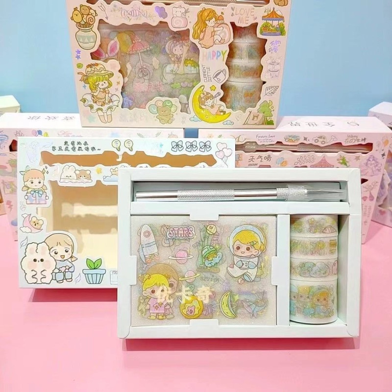 Hộp sticker và băng keo dán trang trí sổ lưu niệm DIY họa tiết hoạt hình dễ thương SHERI