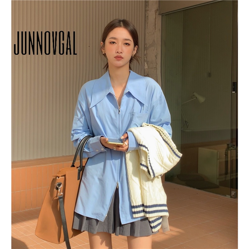 Junnovgal women 2023 thời trang mới áo sơ mi xanh cao cấp của pháp với áo sơ mi dài sang trọng