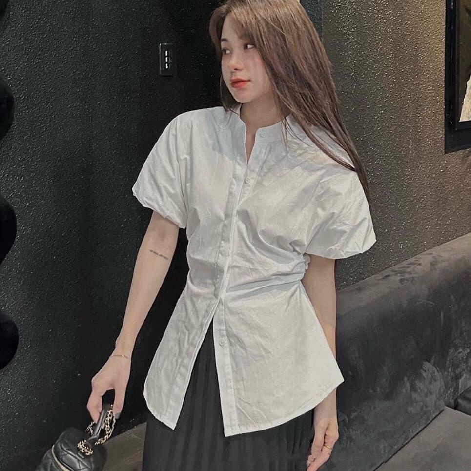 Áo Sơ mi nữ Thô hàn cổ tàu tay bồng nhún eo kèm dây buộc sau Ulzzang Hàn quốc Vivienne house
