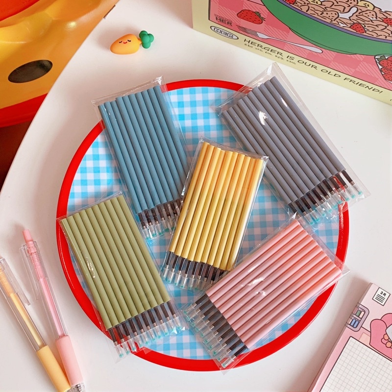 Bút Bi Bút Gel Màu Macaron Dạng Bấm Ngòi 0.5mm Mực Đen Gấu Mon