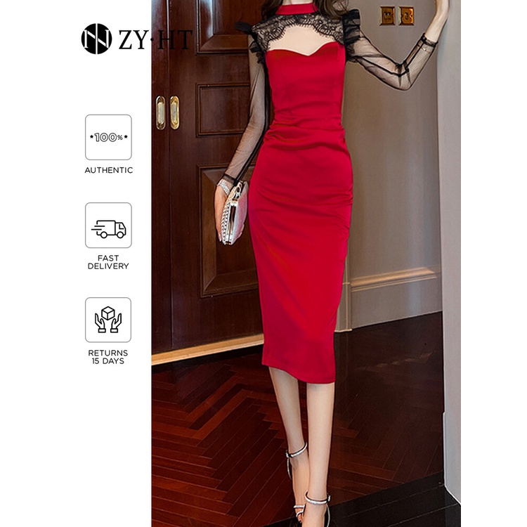 ZYHT Đầm Nước pháp sexy vải sa tanh màu đỏ Mảnh mai đầm tay dài 10538