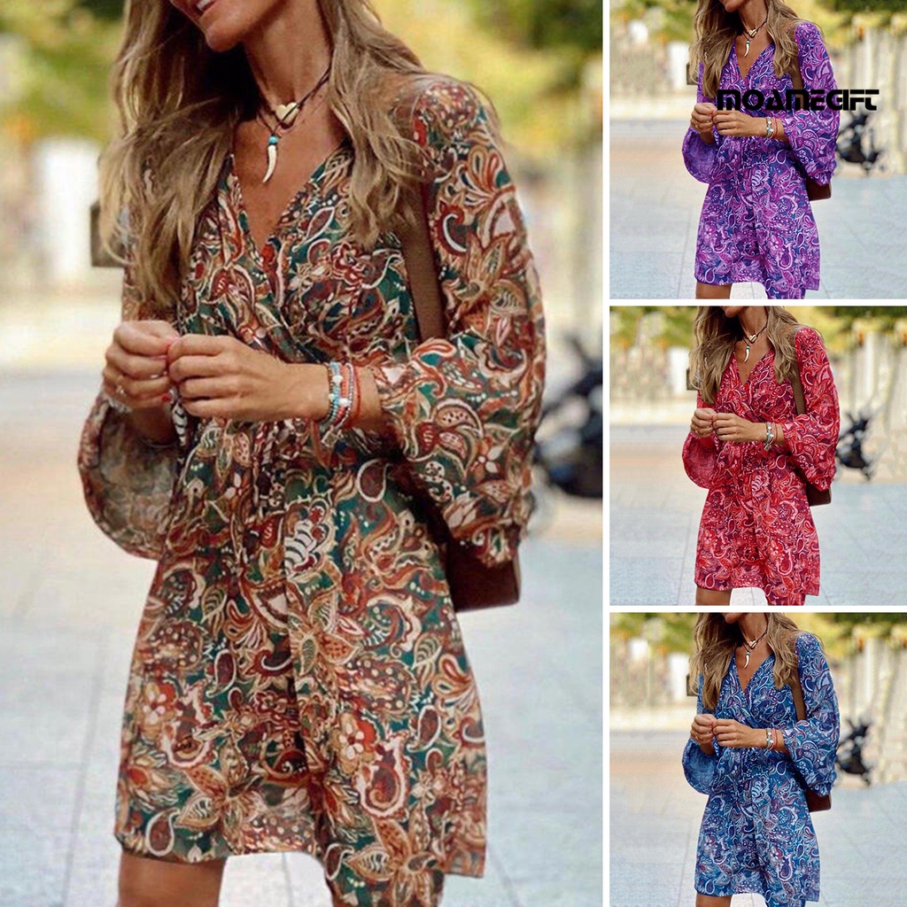 Phụ nữ mini dress cổ v giữa eo đầy màu sắc in hoa lỏng ba phần tư tay áo xẻ tà trên đầu gối chiều dài nữ hẹn hò đầm dự tiệc
