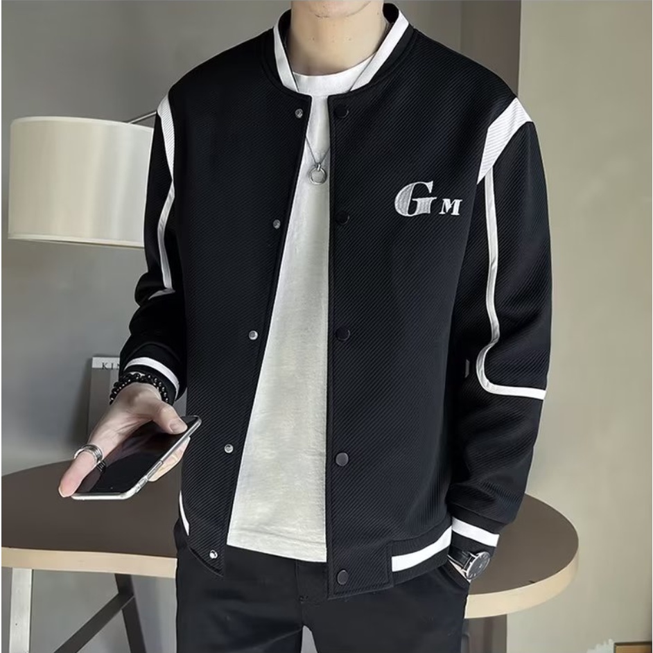 Áo khoác nam đa năng giản dị tiêu chuẩn mới mùa xuân và mùa thu dài tay trẻ trung hợp thời trang nam cổ áo bóng chày thanh lịch single-breasted in sọc dài tay
