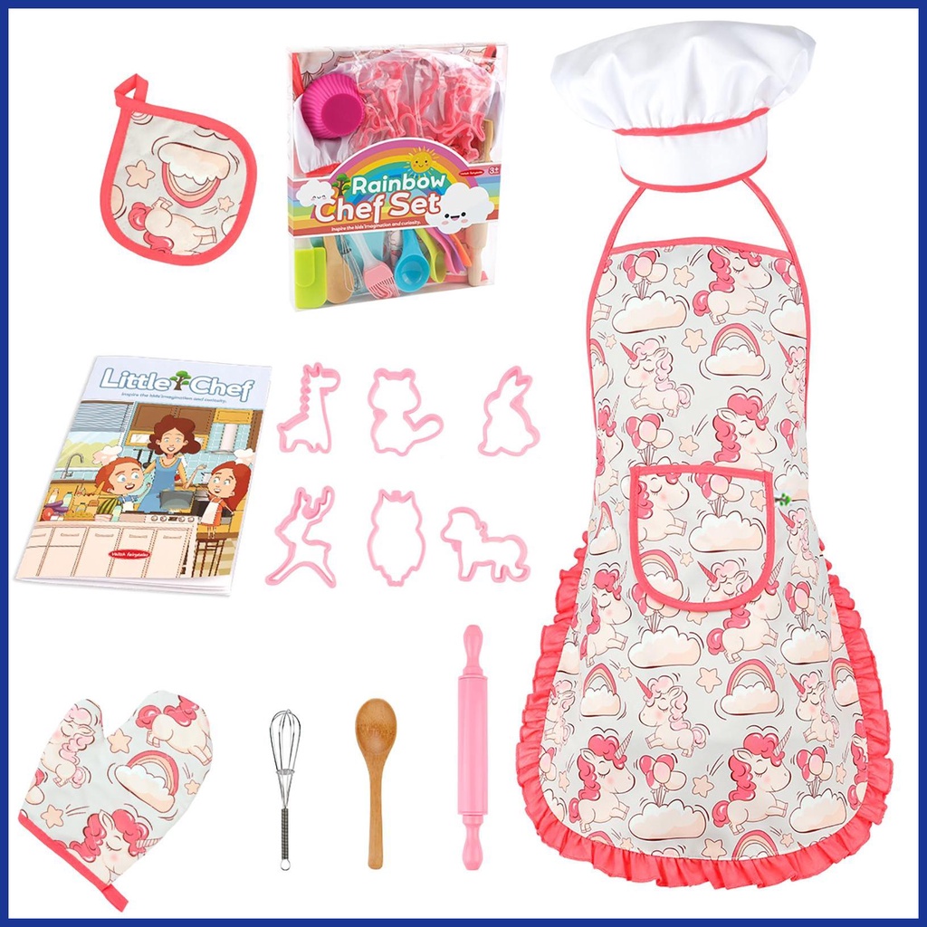 Trẻ em nấu ăn và làm bánh bộ làm bánh trẻ em màu hồng bộ trang phục đóng vai đầu bếp thực sự bao gồm tạp dề trẻ em và mũ đầu bếp aiavn