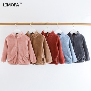 Áo khoác LJMOFA vải nỉ cổ đứng dây kéo màu kẹo ấm áp mùa đông cho bé gái bé trai 1-6 tuổi