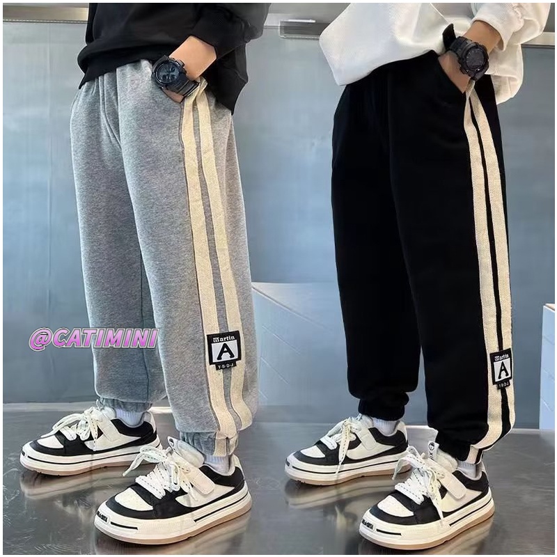 Catimini boys 'quần mùa thu quần thể thao mát mẻ màu đen sọc đôi thể thao
