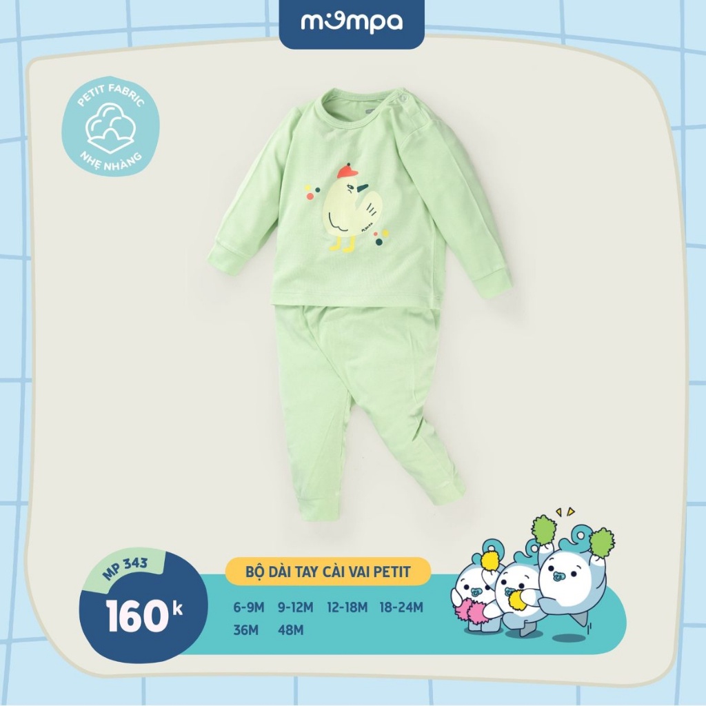 Bộ quần áo dài tay cho bé Mompa 6 tháng đến 4 tuổi cúc vai vải petit thoáng mát co giãn thấm hút MP 343