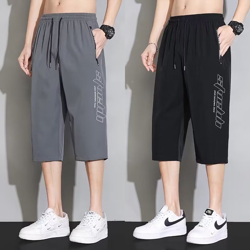 M-5xl 2023 mới của nam giới màu xám đen cắt 3/4 quần jogger 2 mặt dây kéo túi thường lloose băng lụa quá khổ thẳng cộng với kích thước