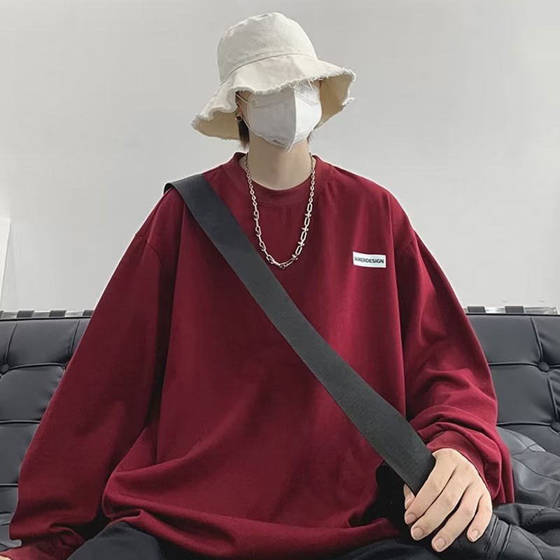 Áo thun ngoại cỡ màu đỏ rượu vang tay dài dáng rộng thường ngày size lớn M-8XL phong cách lười cho nam