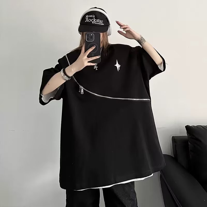 Street street wear t-shirt nam high street design niche zipper heavy short-leeved small neckline shoulder pads h